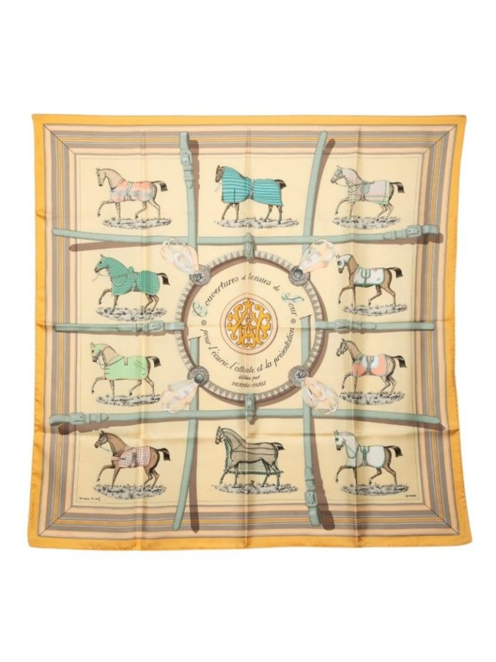 Hermes Carre 90 Couvertures Et Tenues de Jour Horse Wear Scarf Yellow Silk